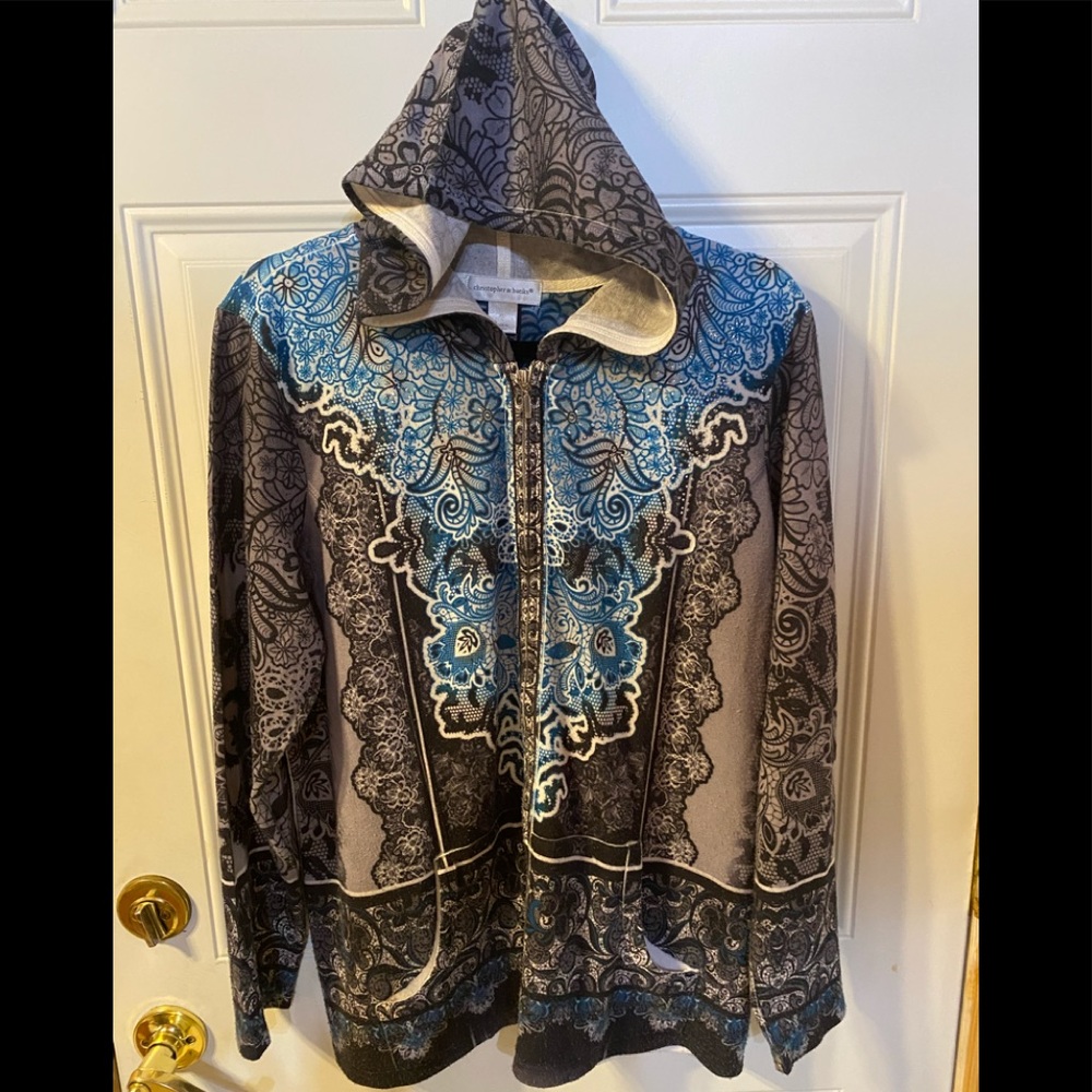 Christopher & Banks Blue and Gray Paisley Hooded Zip Jacket